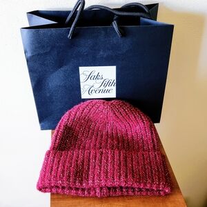 Saks Fifth Avenue Berry Red Knit Hat with Gold Lurex Metallic Thread very Soft